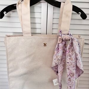 Ivory Floral-Textured Tote with Lavender Scarf